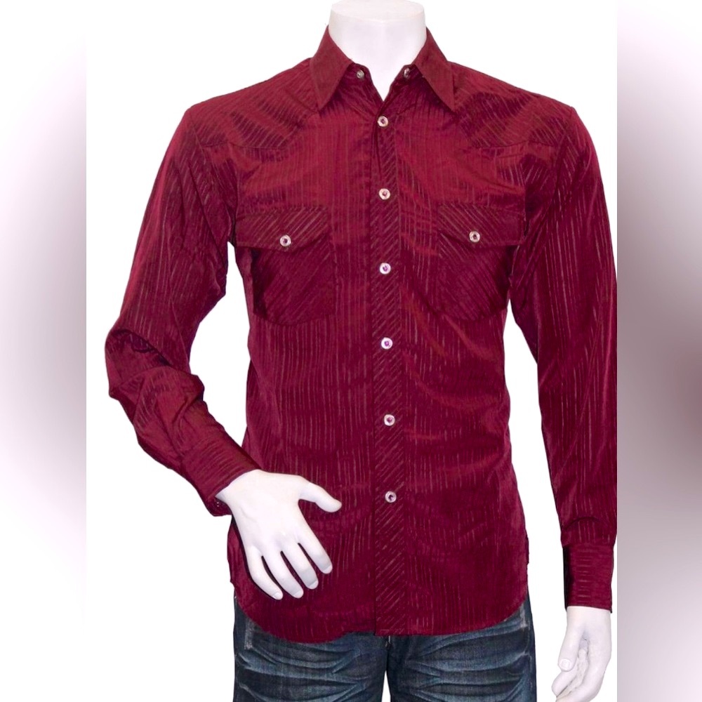 Men’s Solid Pin Stripe Western Snap Button Shirt in Wine Color